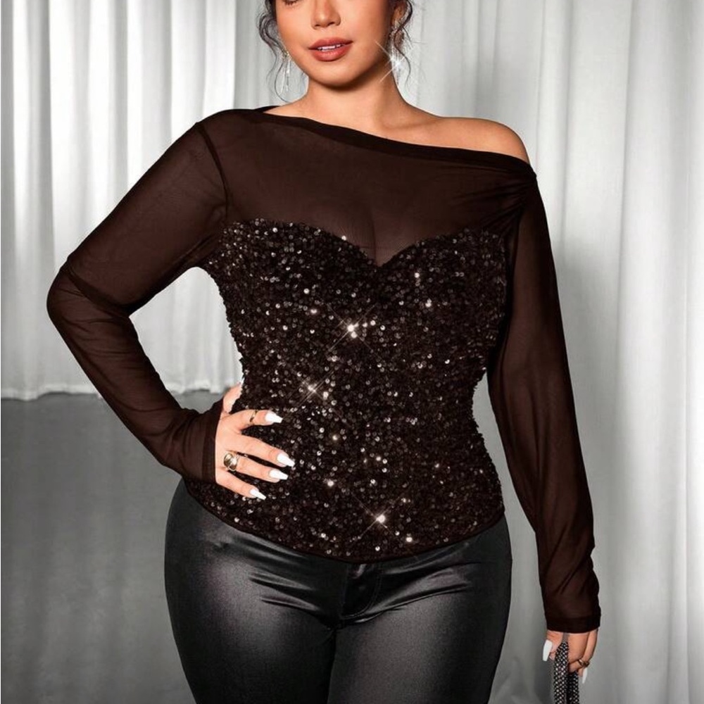 Luxe Plus Size Fitted Colorful Sequin Mesh Sheer Long Sleeve Top Blouse BROWN